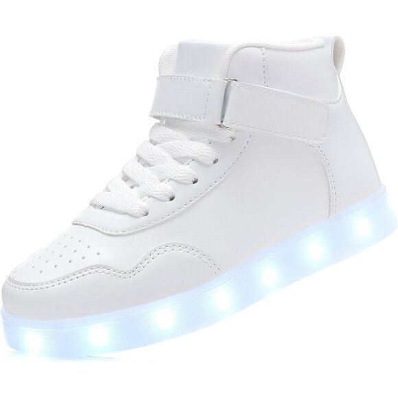 Kids White LED Light Up Shoes High Top Cool USB Rechargeable Flashing Sneakers - Picture 1 of 7